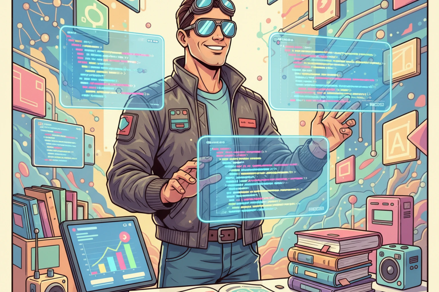 Illustration of a developer working with floating code snippets and PHP logos, representing modern web development